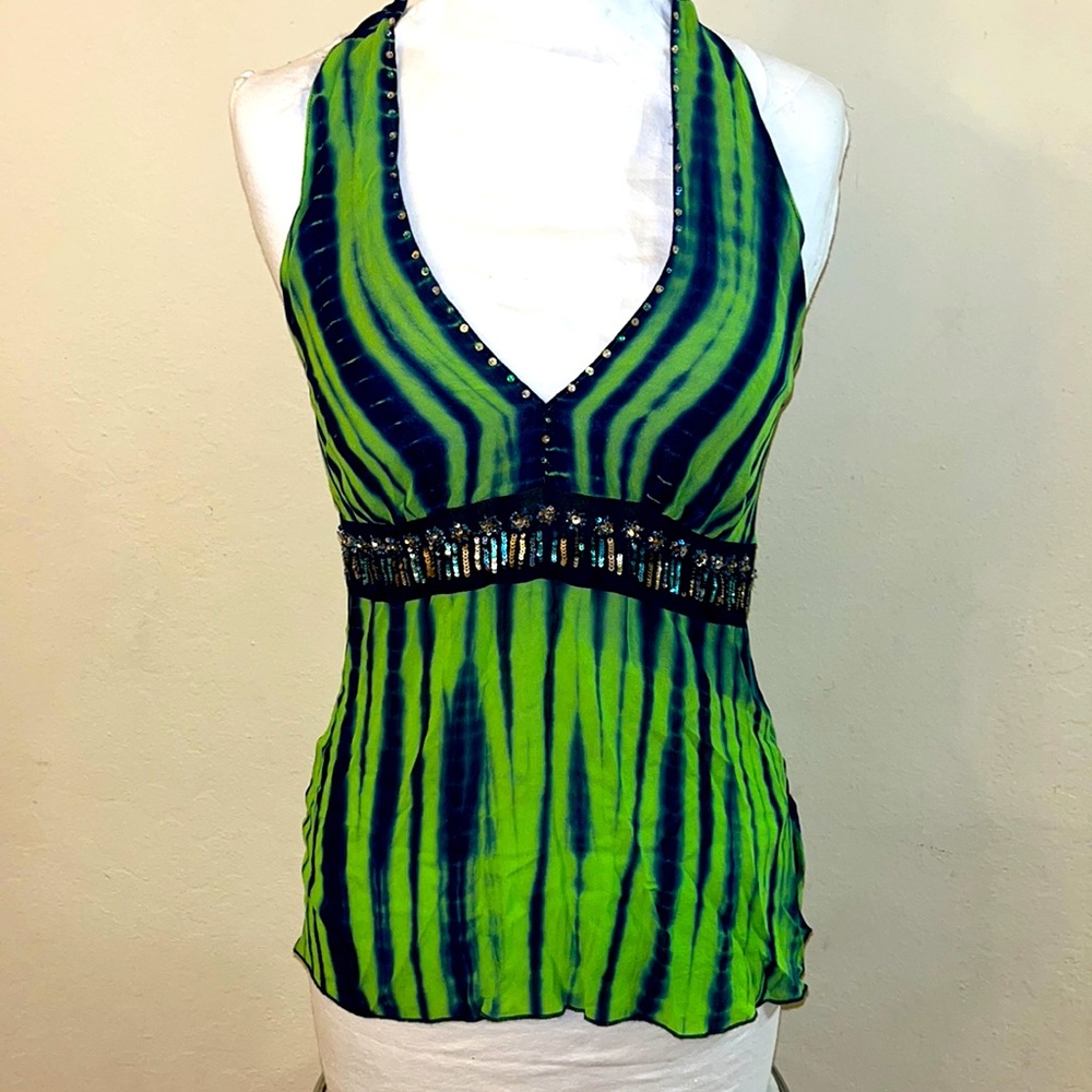 Silk tank with exquisite beading. Green and dark turquoise with gold beading.